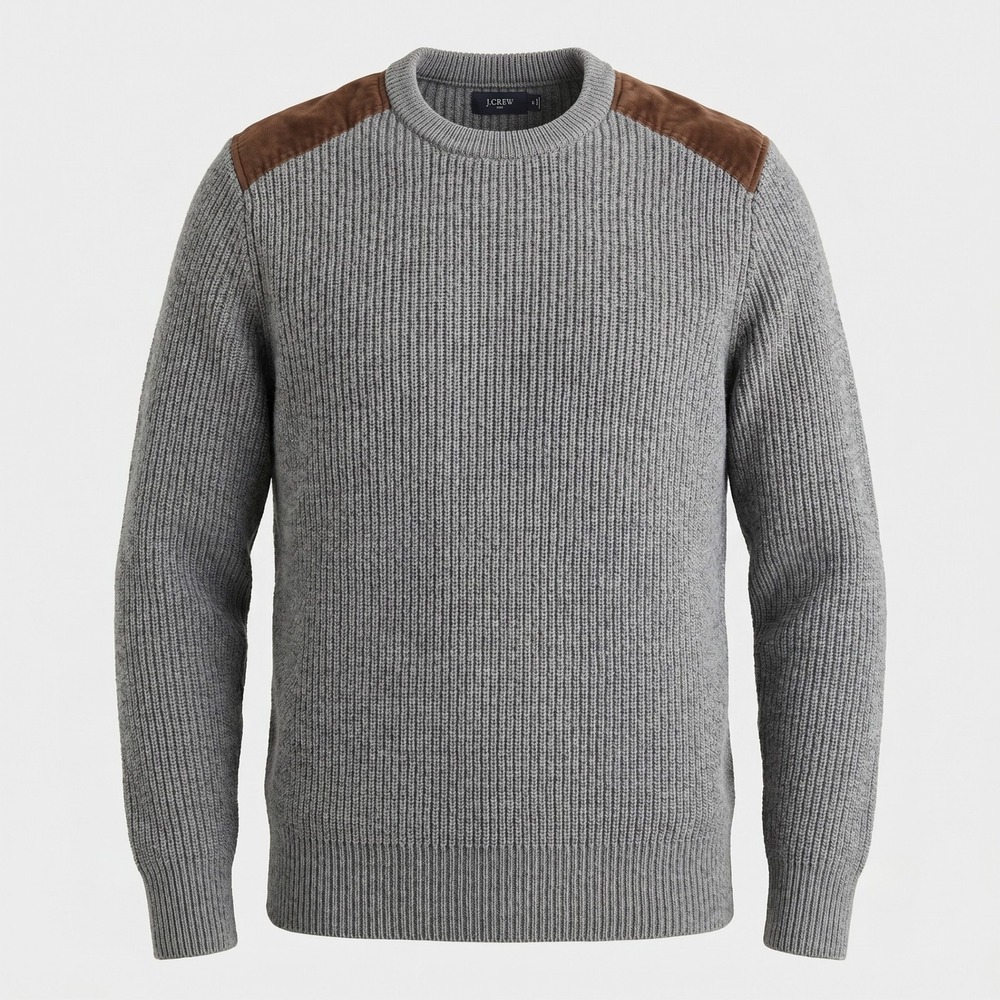 J.Crew Mens Medium Gray Sweater Crewneck Ribbed Suede Shoulder Patches Cotton